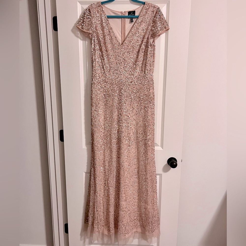 Adrianna Papell blush pink beaded sequin gown